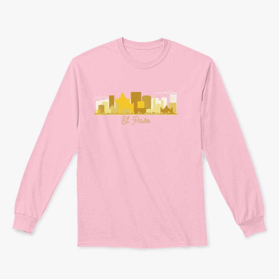 El Paso Texas skyline silhouette sweatshirt in golden color, showcasing a stylish design perfect for city lovers.