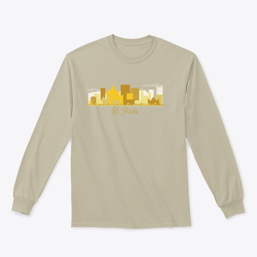 El Paso Texas skyline silhouette sweatshirt in golden color, showcasing a stylish design perfect for city lovers.