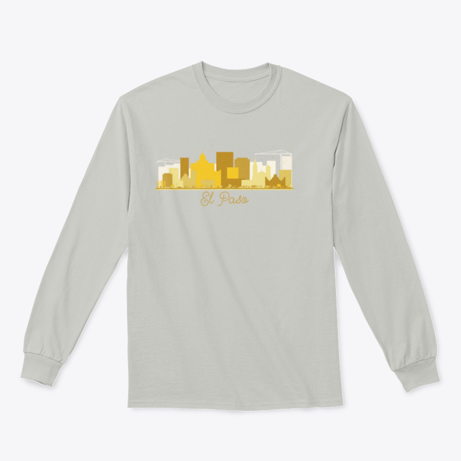 El Paso Texas skyline silhouette sweatshirt in golden color, showcasing a stylish design perfect for city lovers.