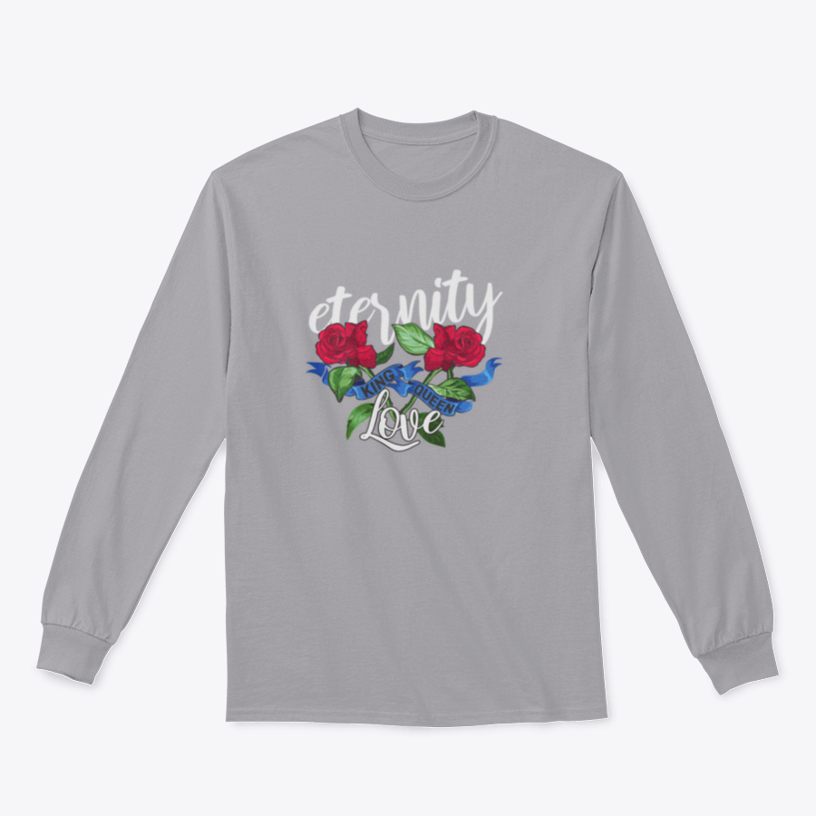 Eternity Love Slogan featuring red roses and blue ribbon illustration on a cotton fabric background.