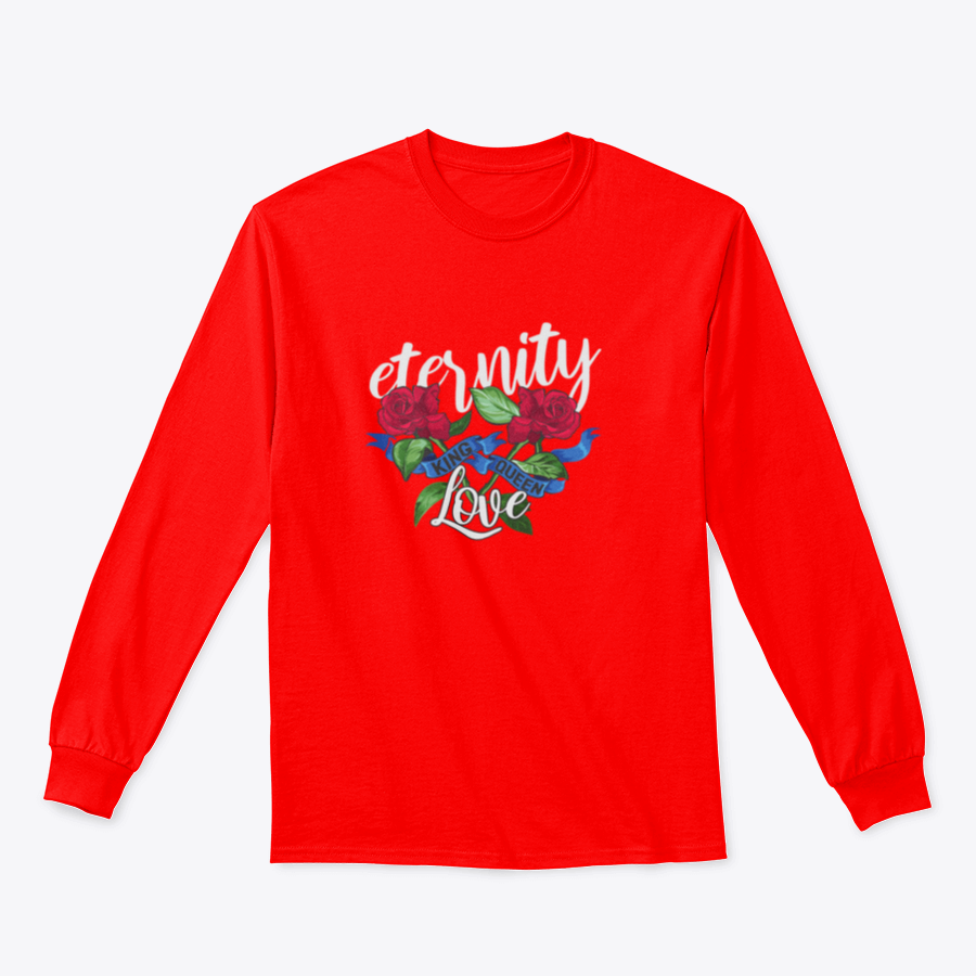 Eternity Love Slogan featuring red roses and blue ribbon illustration on a cotton fabric background.