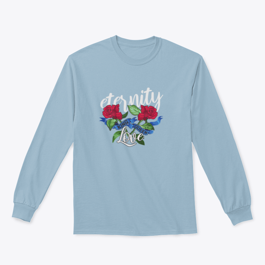 Eternity Love Slogan featuring red roses and blue ribbon illustration on a cotton fabric background.