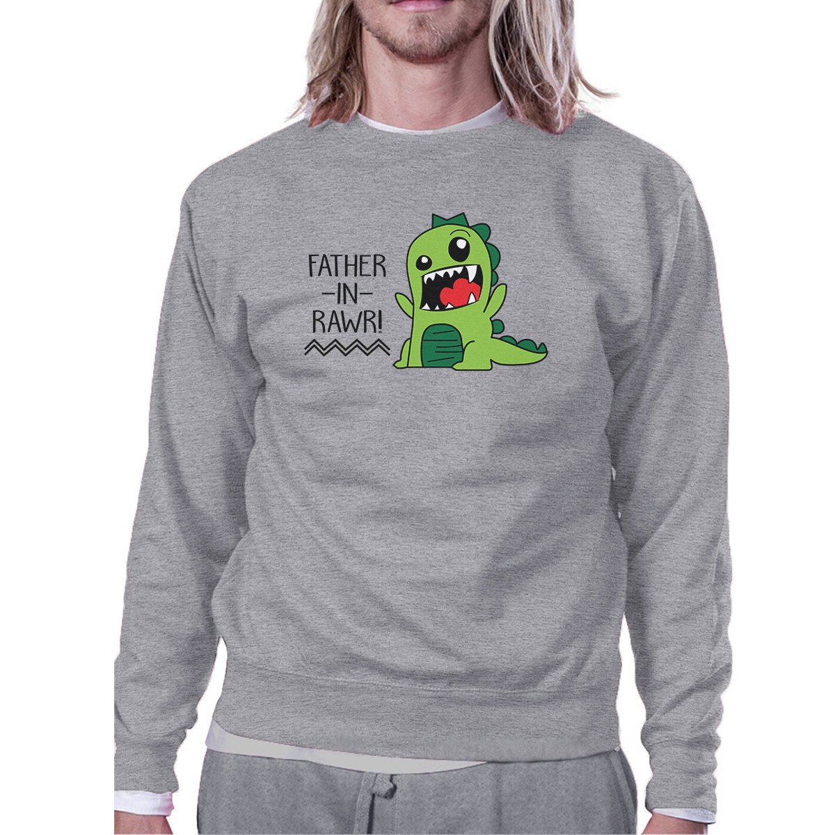 Father-In-Rawr Unisex Grey Sweatshirt featuring a playful design, perfect for Father's Day gifts.