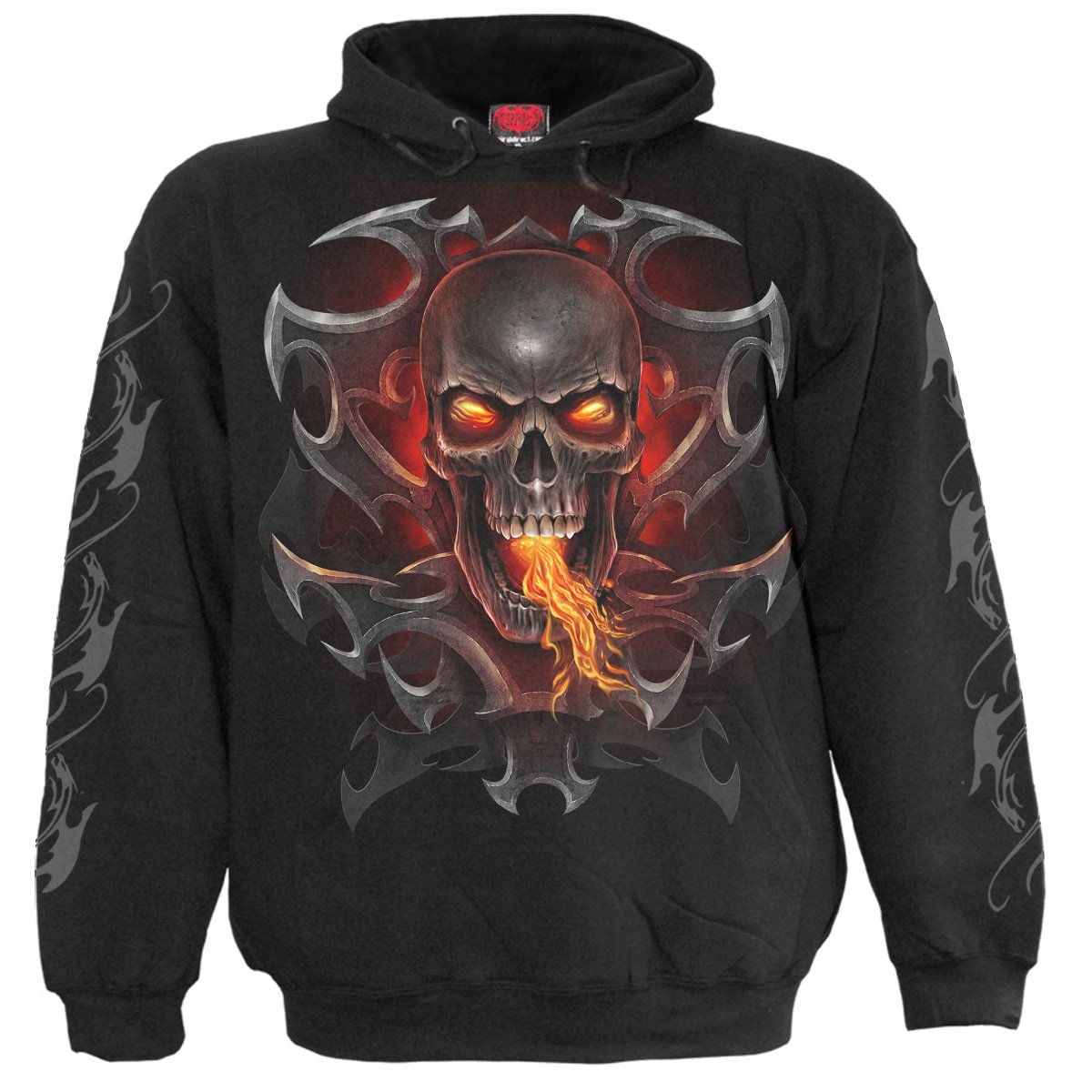 FIRE DRAGON Hoody Black featuring a fiery dragon design emerging from a tribal skull, made of soft cotton fleece.