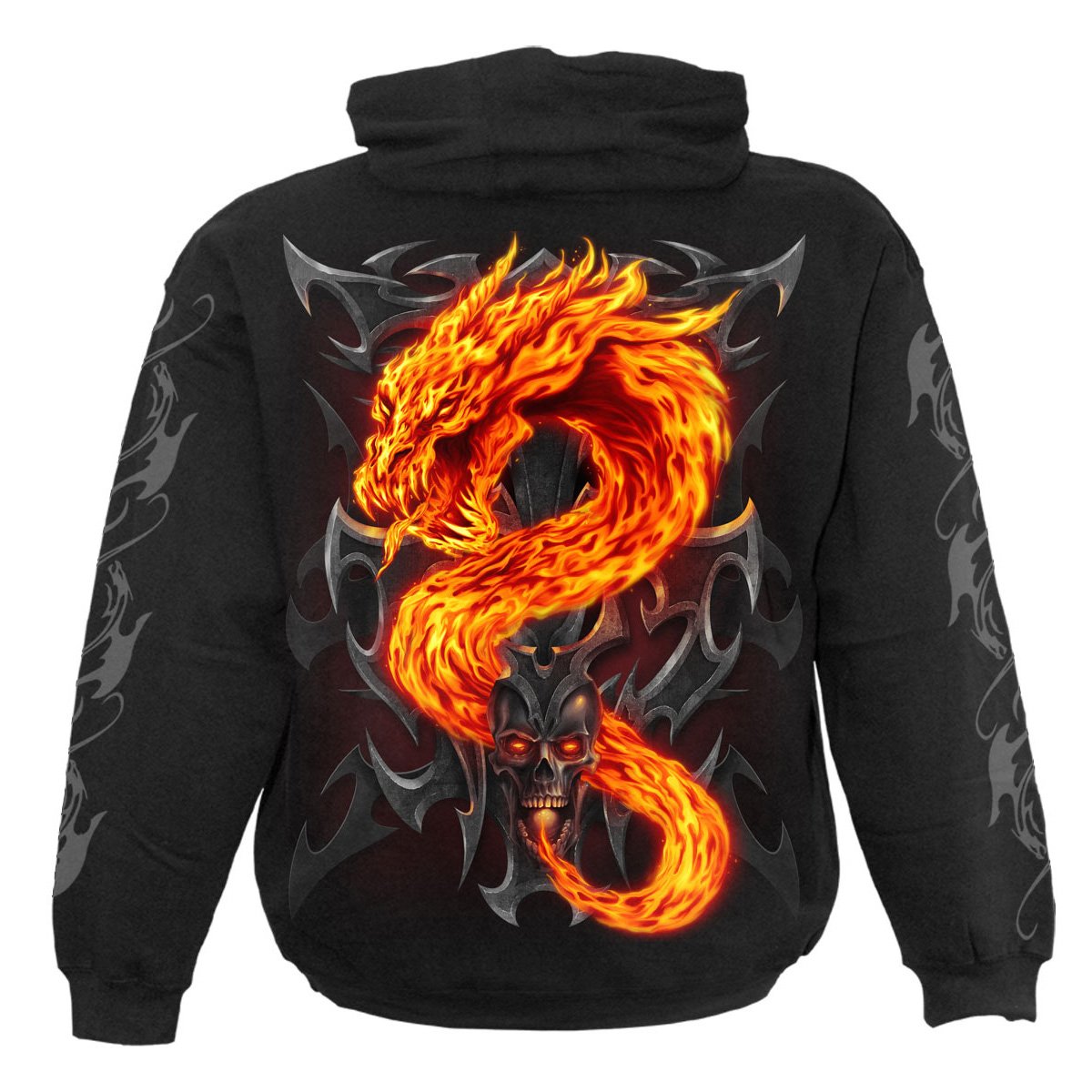 FIRE DRAGON Hoody Black featuring a fiery dragon design emerging from a tribal skull, made of soft cotton fleece.