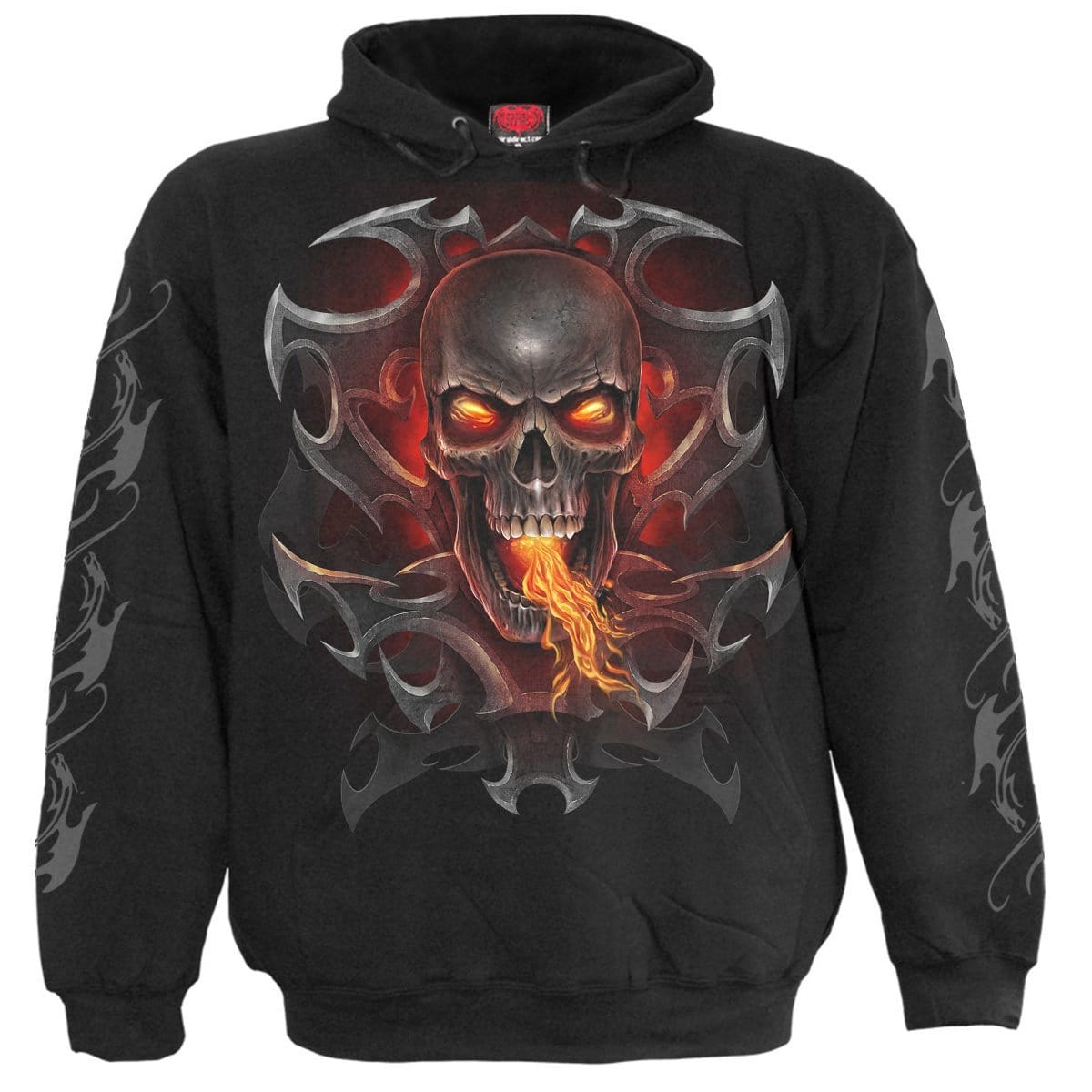 FIRE DRAGON Hoody Black featuring a fiery dragon design emerging from a tribal skull, made of soft cotton fleece.