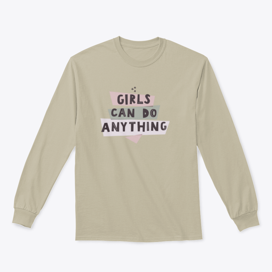 Colorful Girls Can Do Anything graphic design shirt featuring a feminist quote, made from 100% cotton with a classic fit.