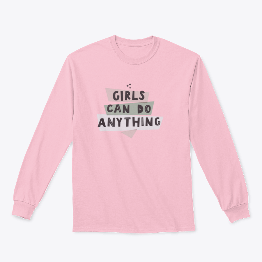 Colorful Girls Can Do Anything graphic design shirt featuring a feminist quote, made from 100% cotton with a classic fit.