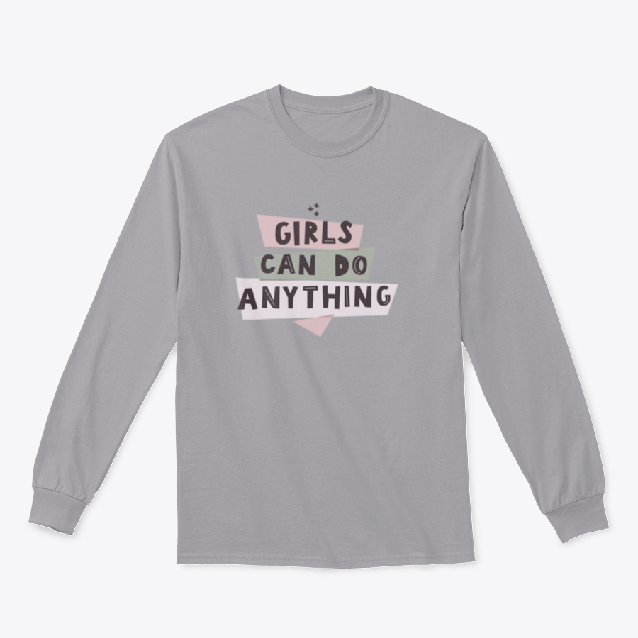 Colorful Girls Can Do Anything graphic design shirt featuring a feminist quote, made from 100% cotton with a classic fit.