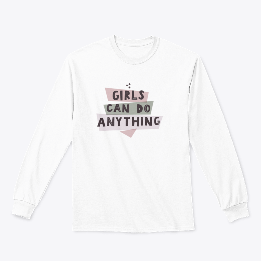 Colorful Girls Can Do Anything graphic design shirt featuring a feminist quote, made from 100% cotton with a classic fit.