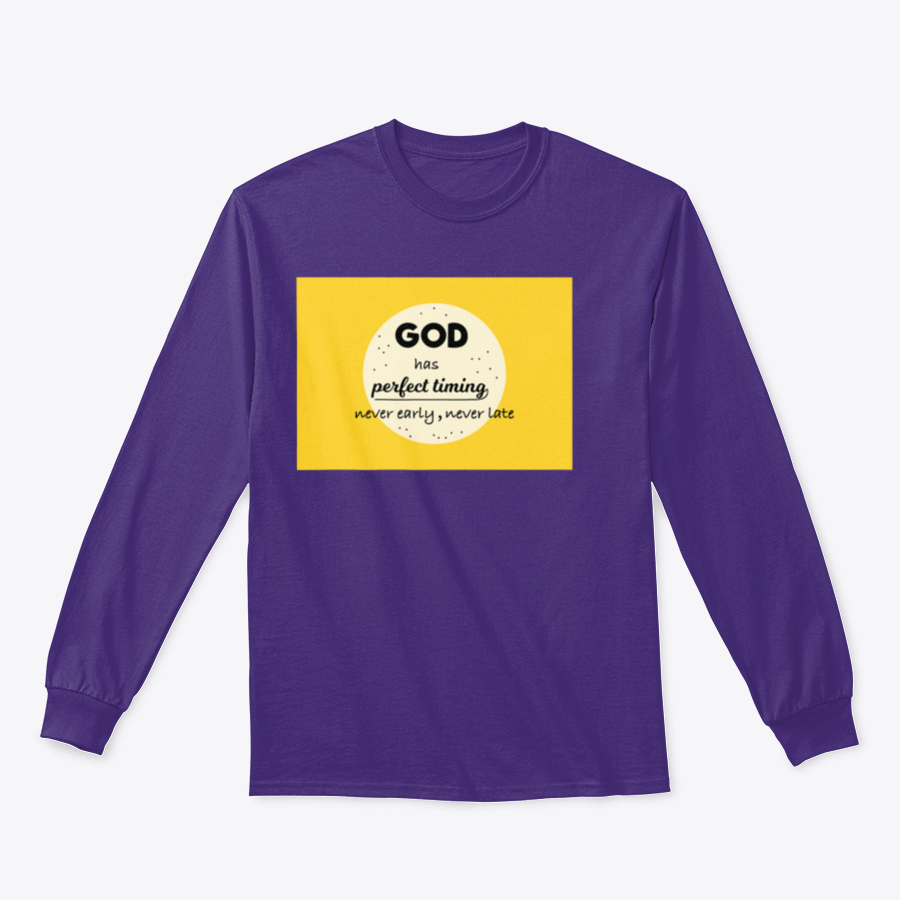 A motivational t-shirt featuring the quote 'God Has Perfect Timing, Never Early, Never Late' in a stylish design, made from soft cotton fabric.