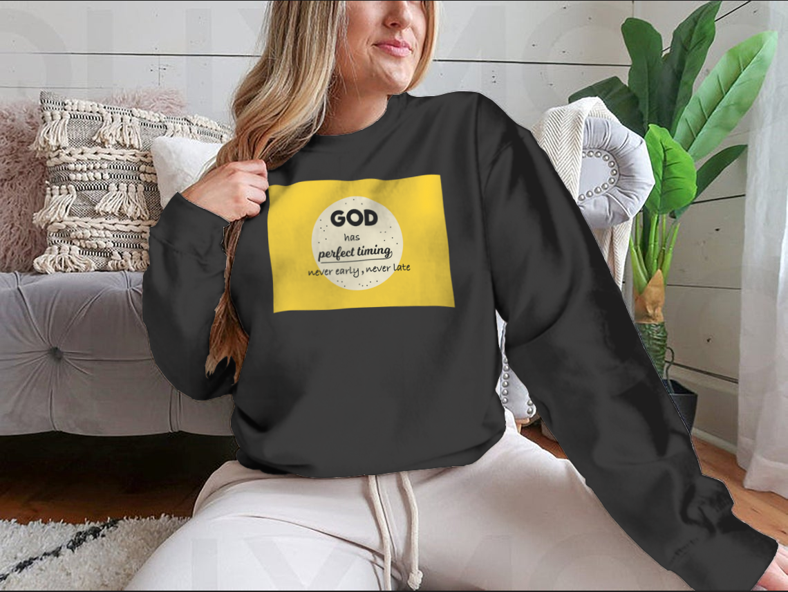 A motivational t-shirt featuring the quote 'God Has Perfect Timing, Never Early, Never Late' in a stylish design, made from soft cotton fabric.