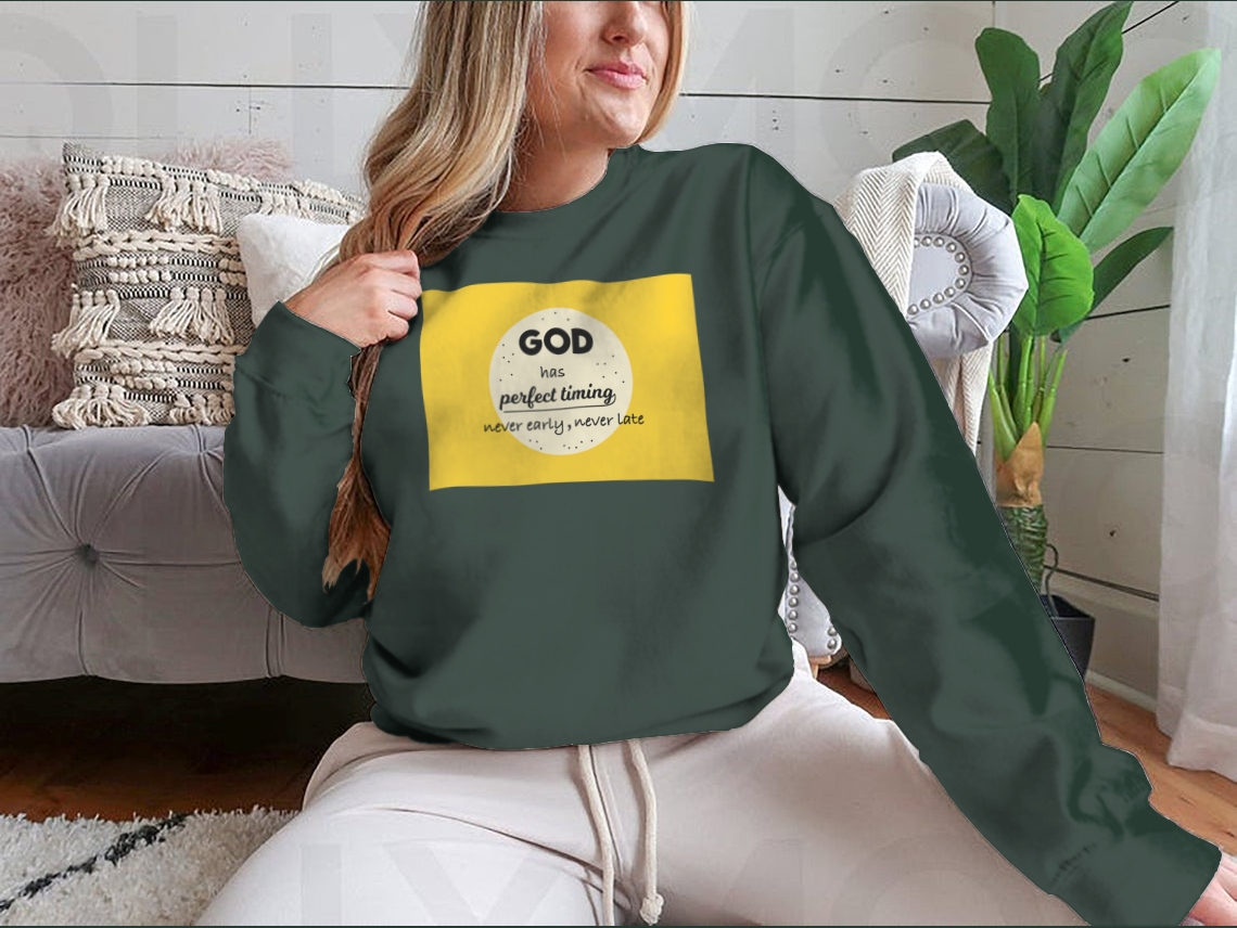 A motivational t-shirt featuring the quote 'God Has Perfect Timing, Never Early, Never Late' in a stylish design, made from soft cotton fabric.