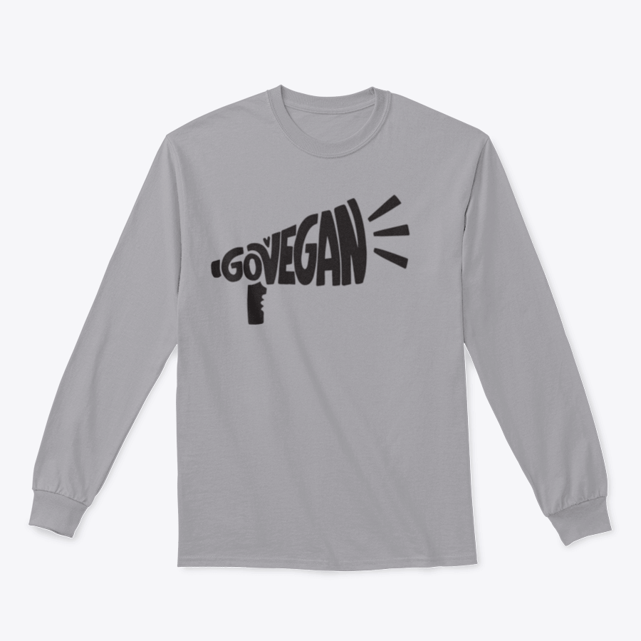 A stylish vegan slogan shirt featuring hand lettering text 'Govegan' in a loudspeaker silhouette, showcasing a commitment to eco-friendly living.