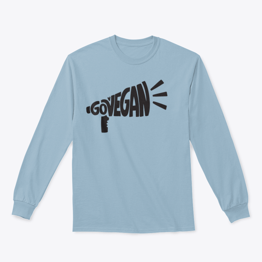A stylish vegan slogan shirt featuring hand lettering text 'Govegan' in a loudspeaker silhouette, showcasing a commitment to eco-friendly living.