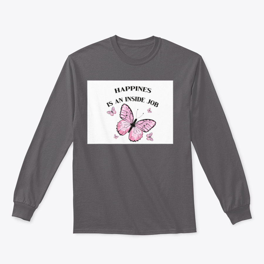 A stylish shirt featuring a pink butterflies design with the phrase 'Happiness Is An Inside Job', made from soft cotton fabric.