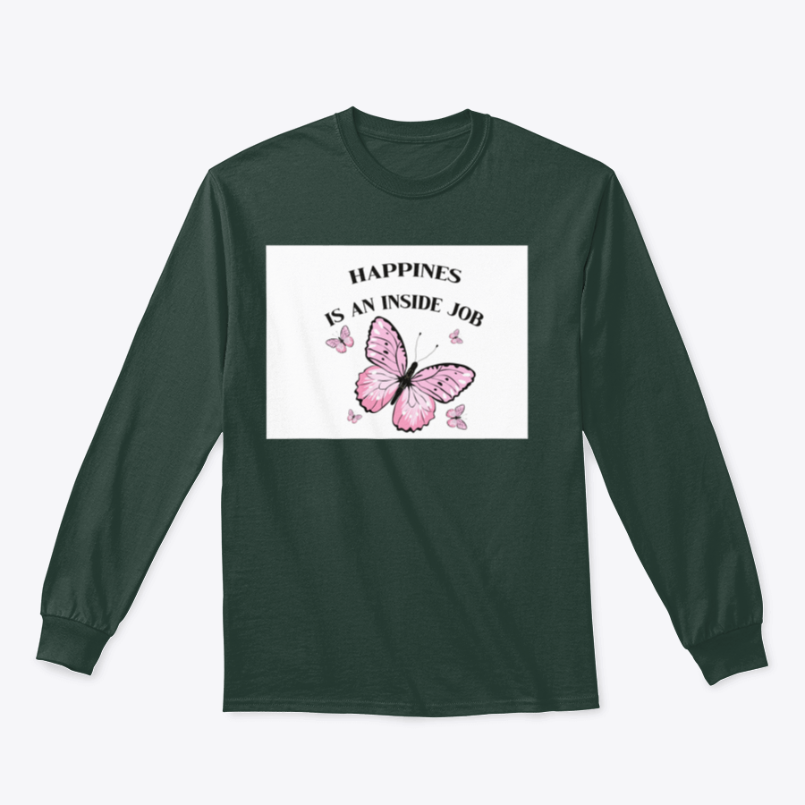 A stylish shirt featuring a pink butterflies design with the phrase 'Happiness Is An Inside Job', made from soft cotton fabric.