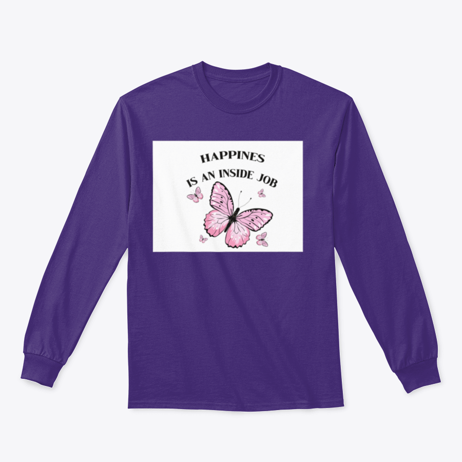 A stylish shirt featuring a pink butterflies design with the phrase 'Happiness Is An Inside Job', made from soft cotton fabric.