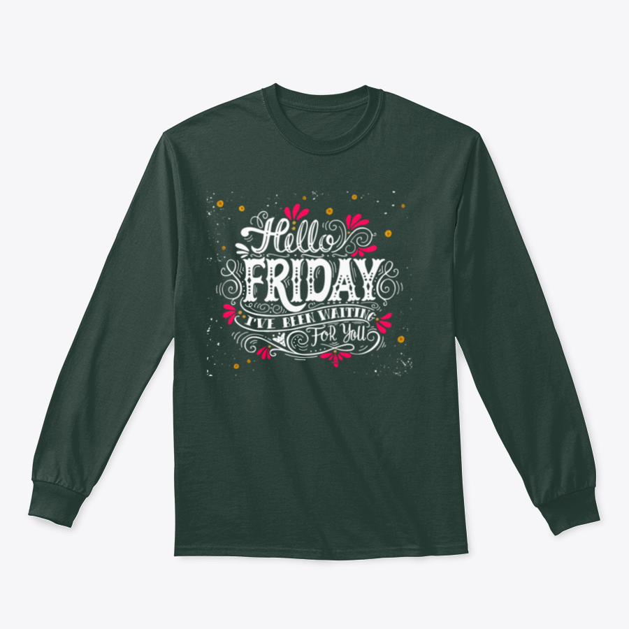 A stylish 'Hello Friday' inspirational design shirt made from a soft cotton/polyester blend, perfect for casual wear.
