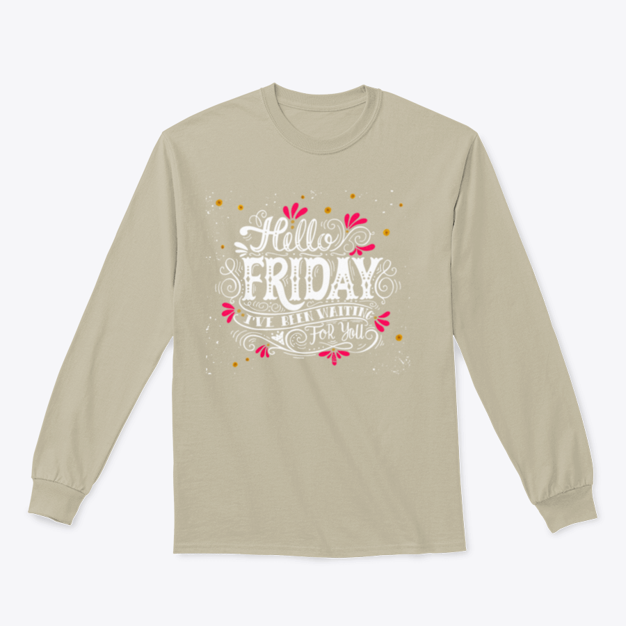 A stylish 'Hello Friday' inspirational design shirt made from a soft cotton/polyester blend, perfect for casual wear.
