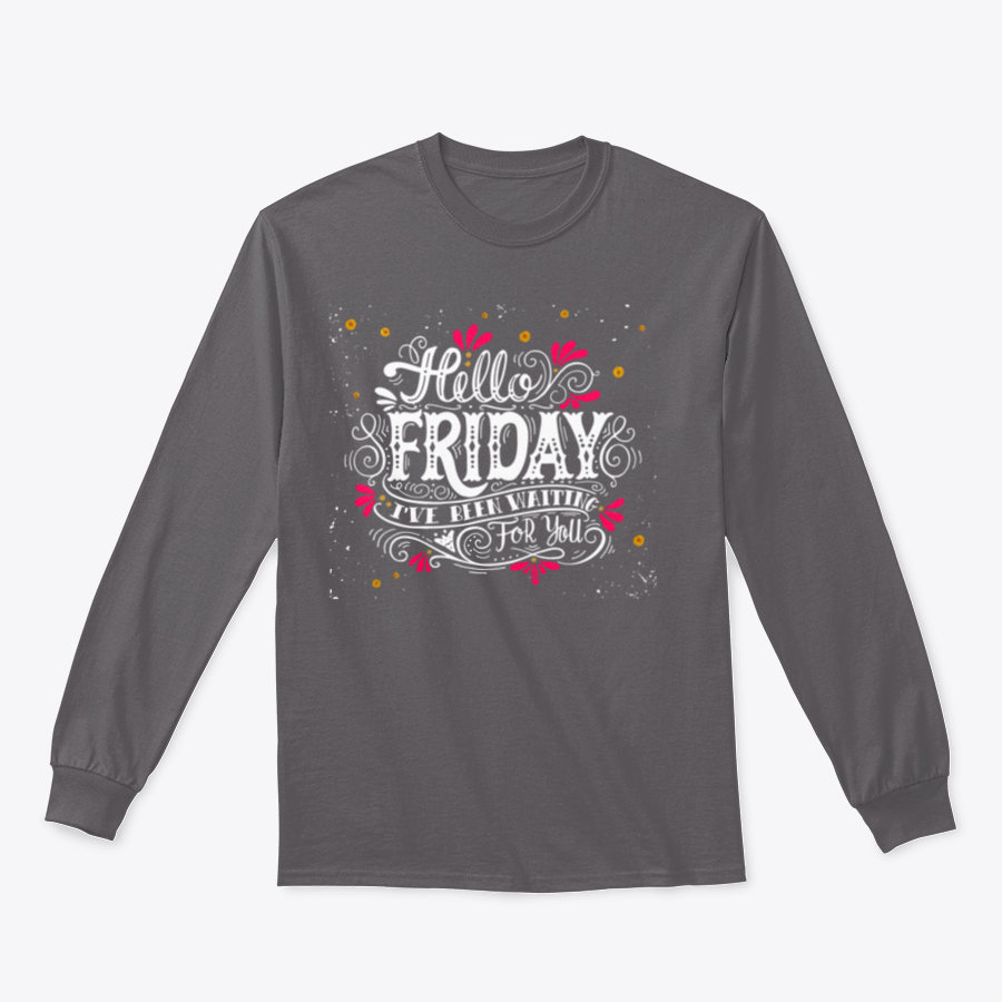 A stylish 'Hello Friday' inspirational design shirt made from a soft cotton/polyester blend, perfect for casual wear.