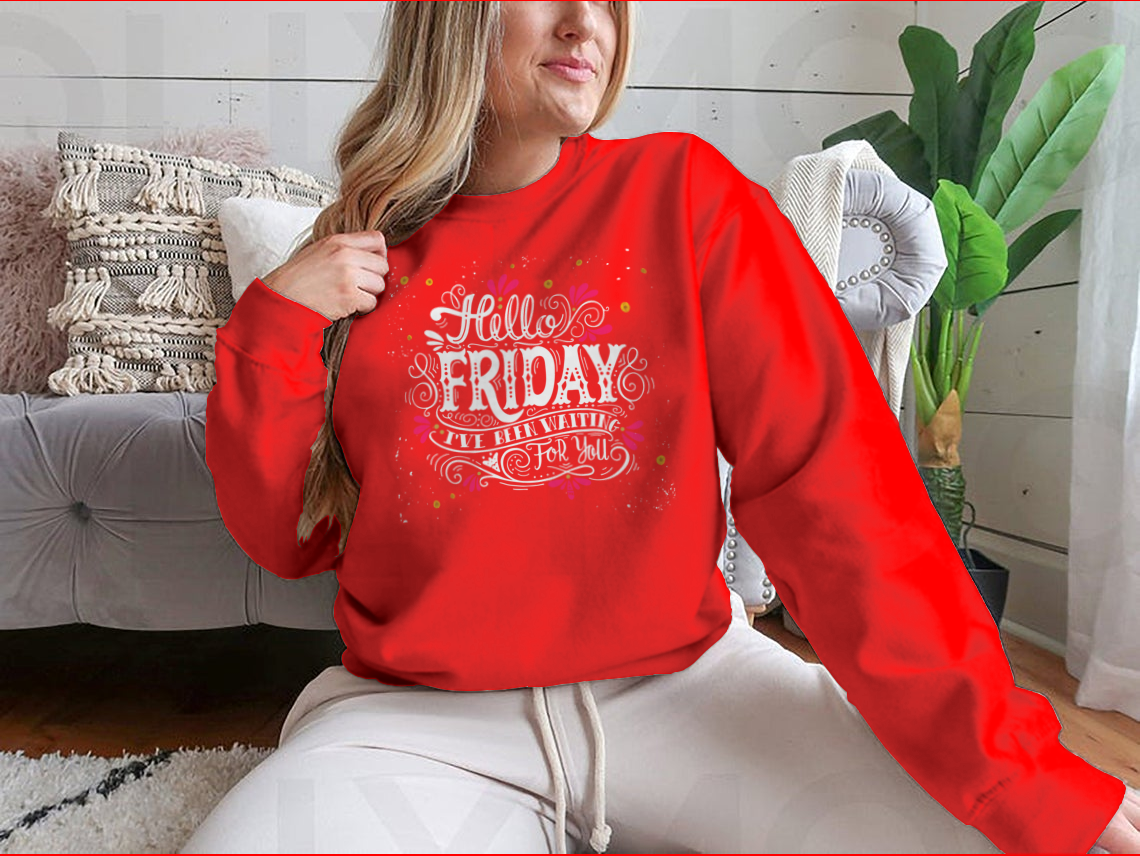 A stylish 'Hello Friday' inspirational design shirt made from a soft cotton/polyester blend, perfect for casual wear.