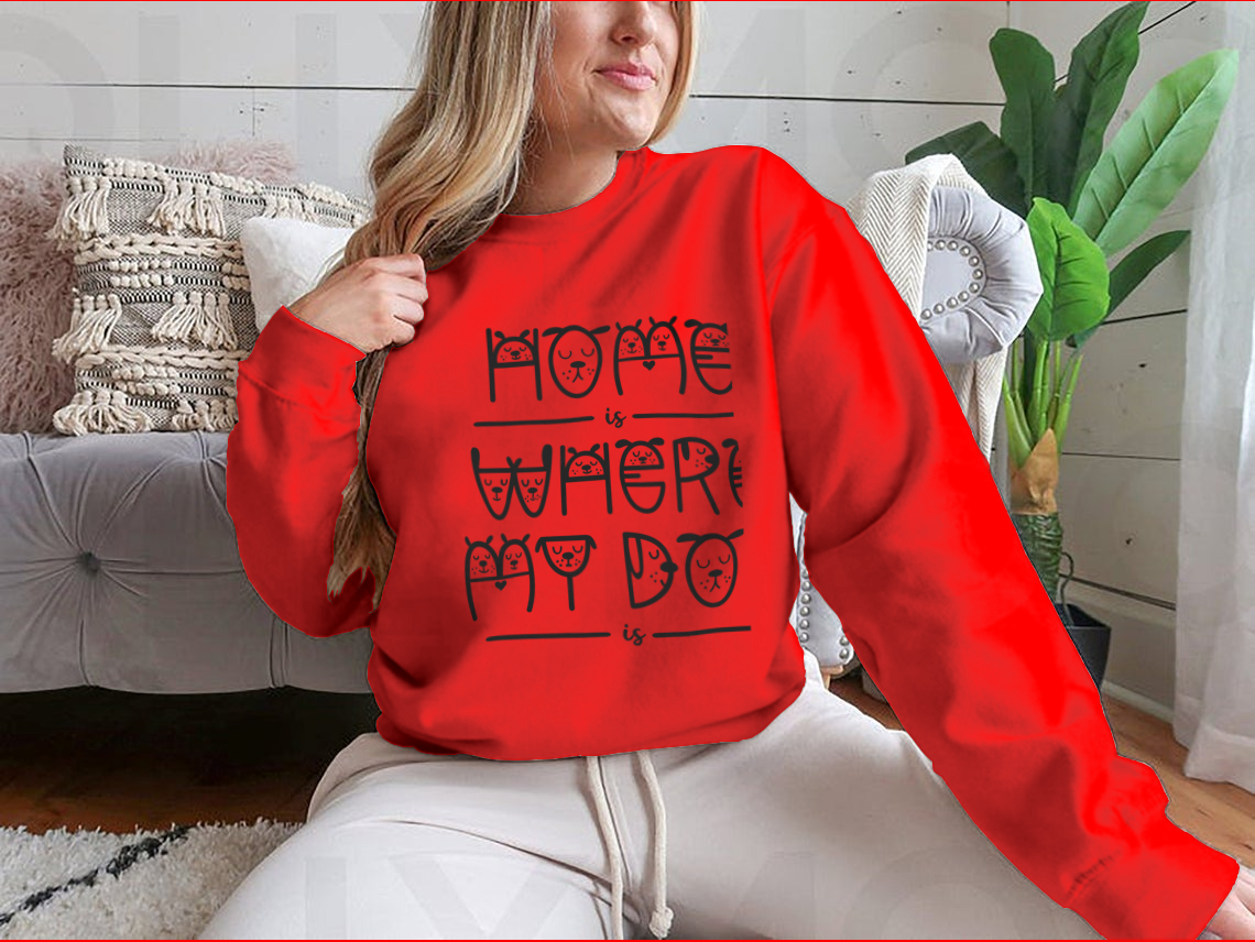 A stylish home decor piece featuring the quote 'Home Is Where My Dog Is' in a playful lettering style, perfect for dog lovers.