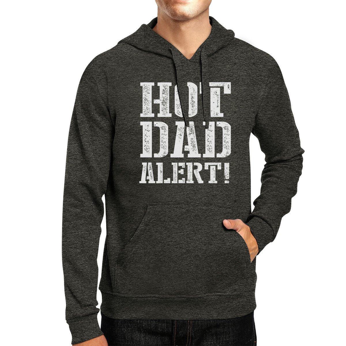 Hot Dad Alert Unisex Dark Gray Pullover Hoodie displayed on a mannequin, showcasing its stylish design and comfortable fit.