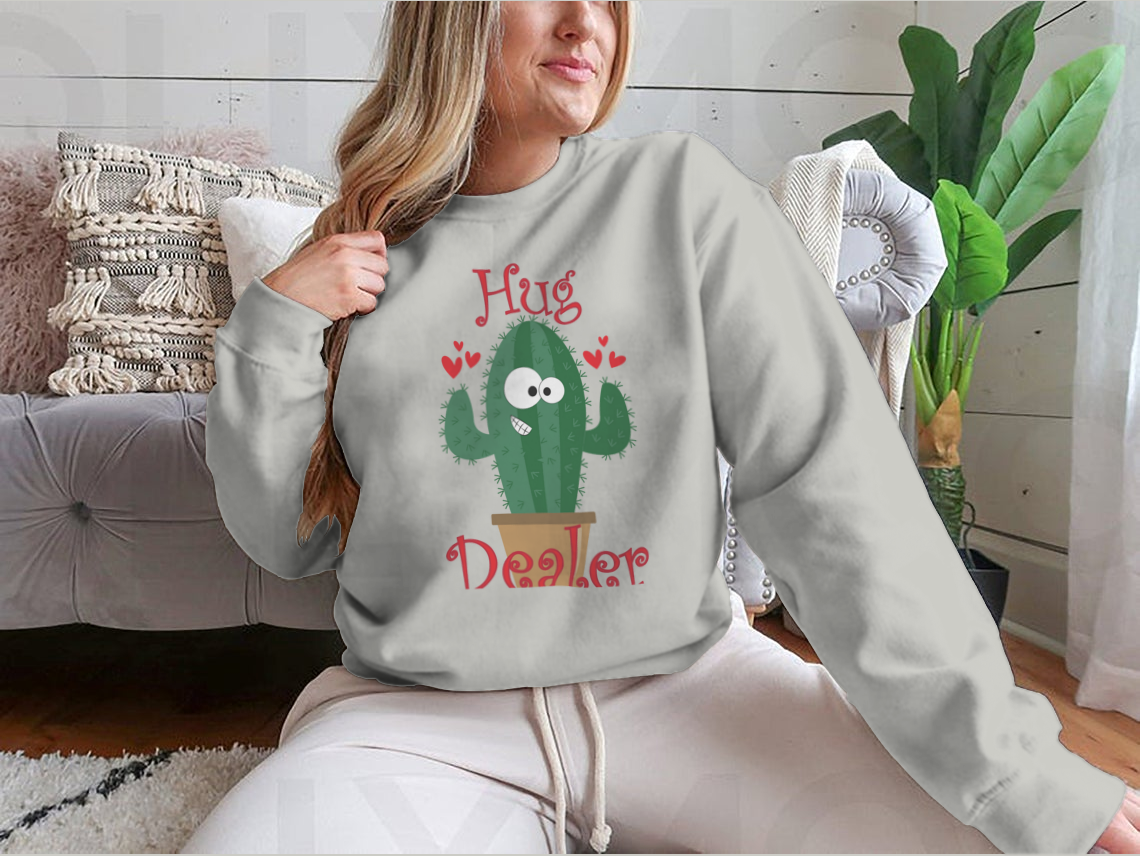 A cozy sweatshirt featuring a funny smiley cactus design, perfect for casual wear.