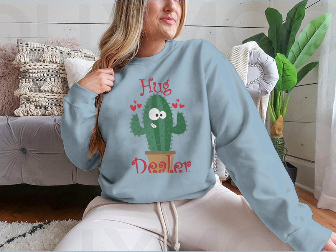 A cozy sweatshirt featuring a funny smiley cactus design, perfect for casual wear.