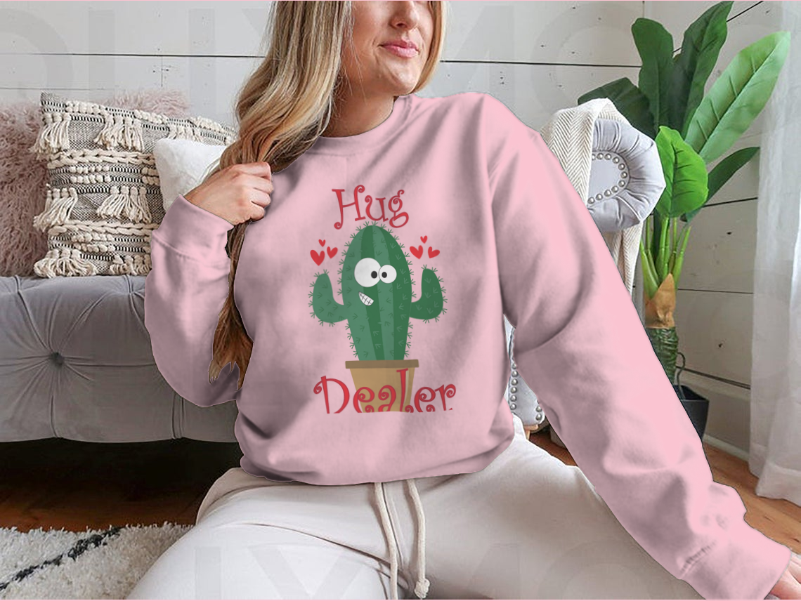 A cozy sweatshirt featuring a funny smiley cactus design, perfect for casual wear.