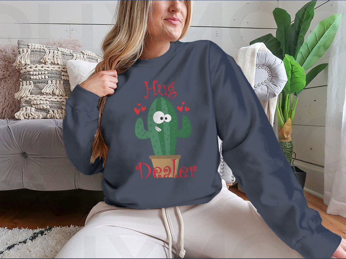 A cozy sweatshirt featuring a funny smiley cactus design, perfect for casual wear.
