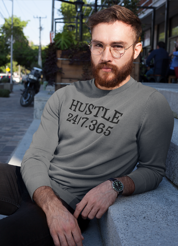 Hustle Harder Charcoal Sweat Shirt featuring ribbed neckline and cuffs, showcasing a relaxed fit for both men and women.