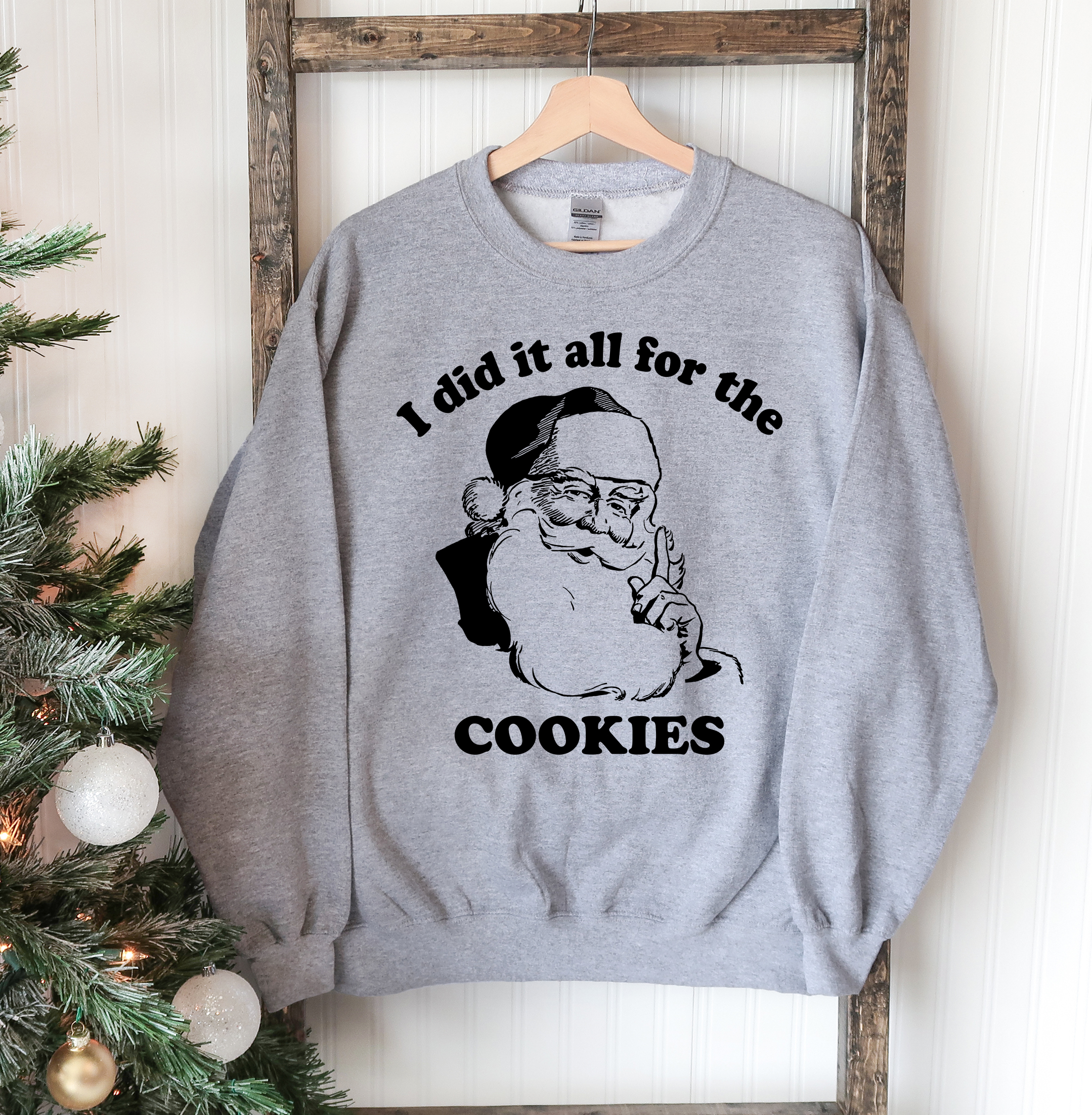 I Did It All For The Cookies Christmas Sweatshirt featuring a crew neck and festive design, perfect for holiday celebrations.