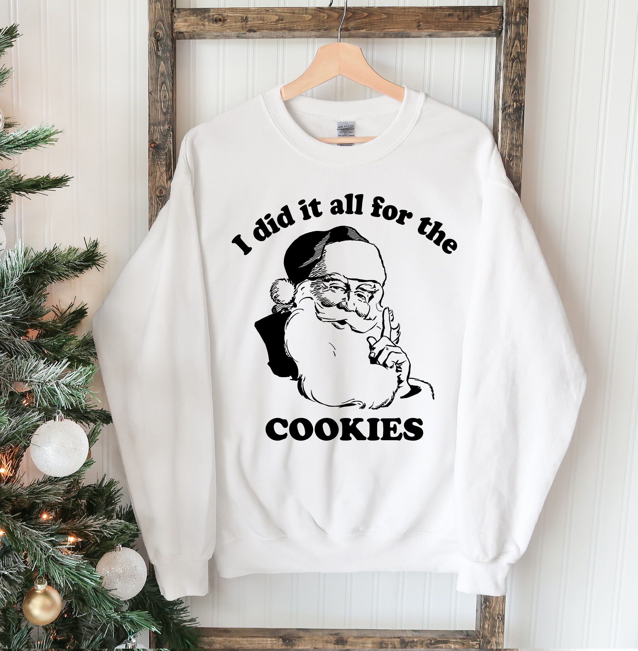 I Did It All For The Cookies Christmas Sweatshirt featuring a crew neck and festive design, perfect for holiday celebrations.