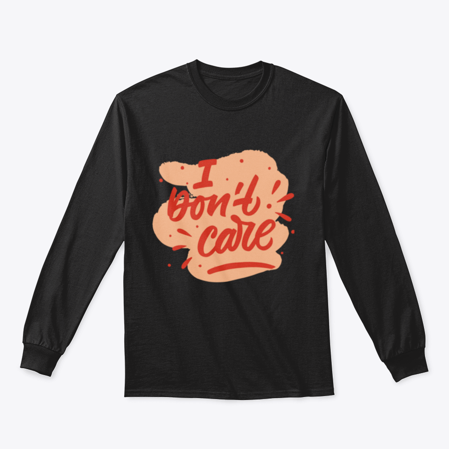 A casual t-shirt featuring a hand-drawn lettering phrase 'I Don't Care' in bold red letters, showcasing a relaxed fit and quality fabric.