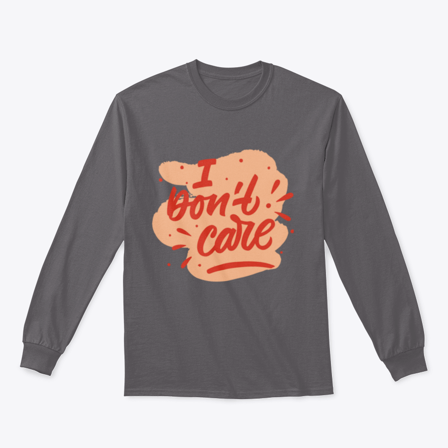 A casual t-shirt featuring a hand-drawn lettering phrase 'I Don't Care' in bold red letters, showcasing a relaxed fit and quality fabric.