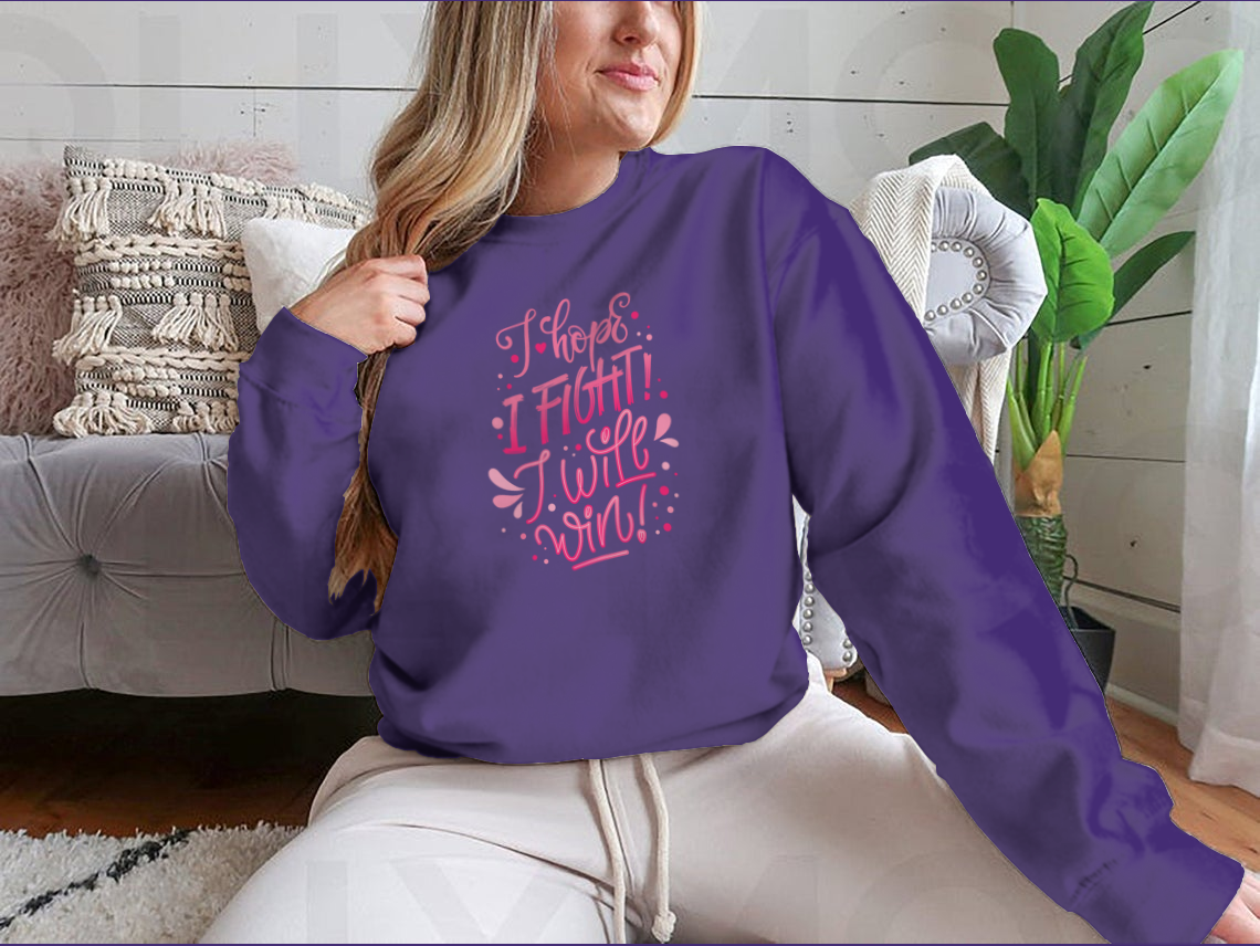 A motivational quote lettering design featuring 'I Hope. I Fight I Will Win!' on a comfortable cotton fabric, ideal for breast cancer awareness.