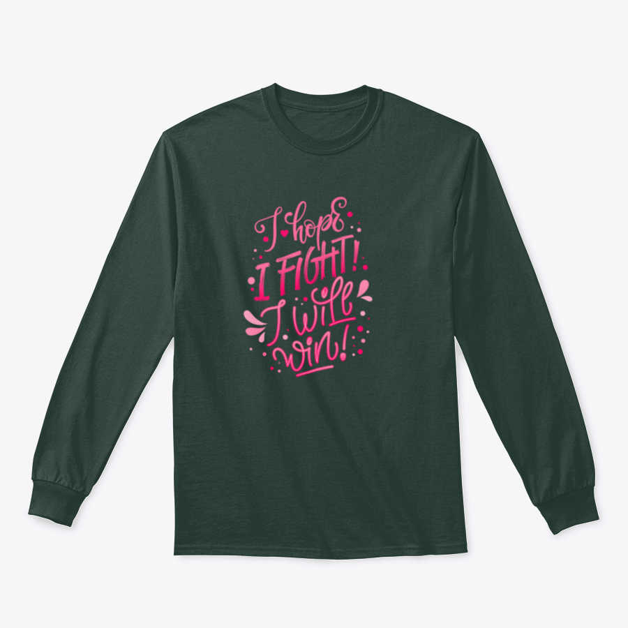 A motivational quote lettering design featuring 'I Hope. I Fight I Will Win!' on a comfortable cotton fabric, ideal for breast cancer awareness.