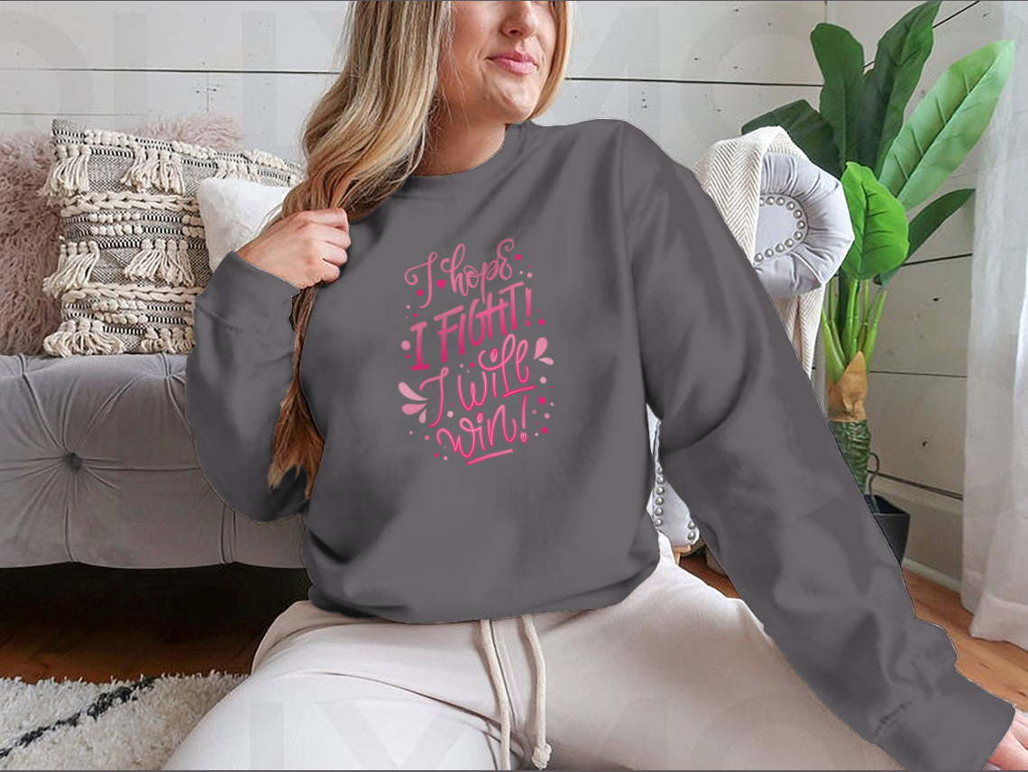 A motivational quote lettering design featuring 'I Hope. I Fight I Will Win!' on a comfortable cotton fabric, ideal for breast cancer awareness.