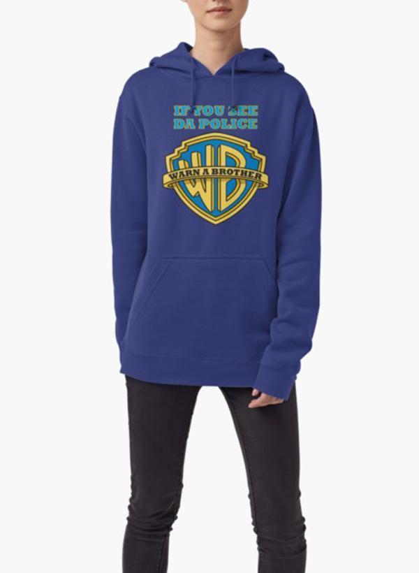 A vibrant blue hoodie featuring a unique full print design with the phrase 'If you see da Police, Warn a Brother', showcasing its stylish and comfortable fit.