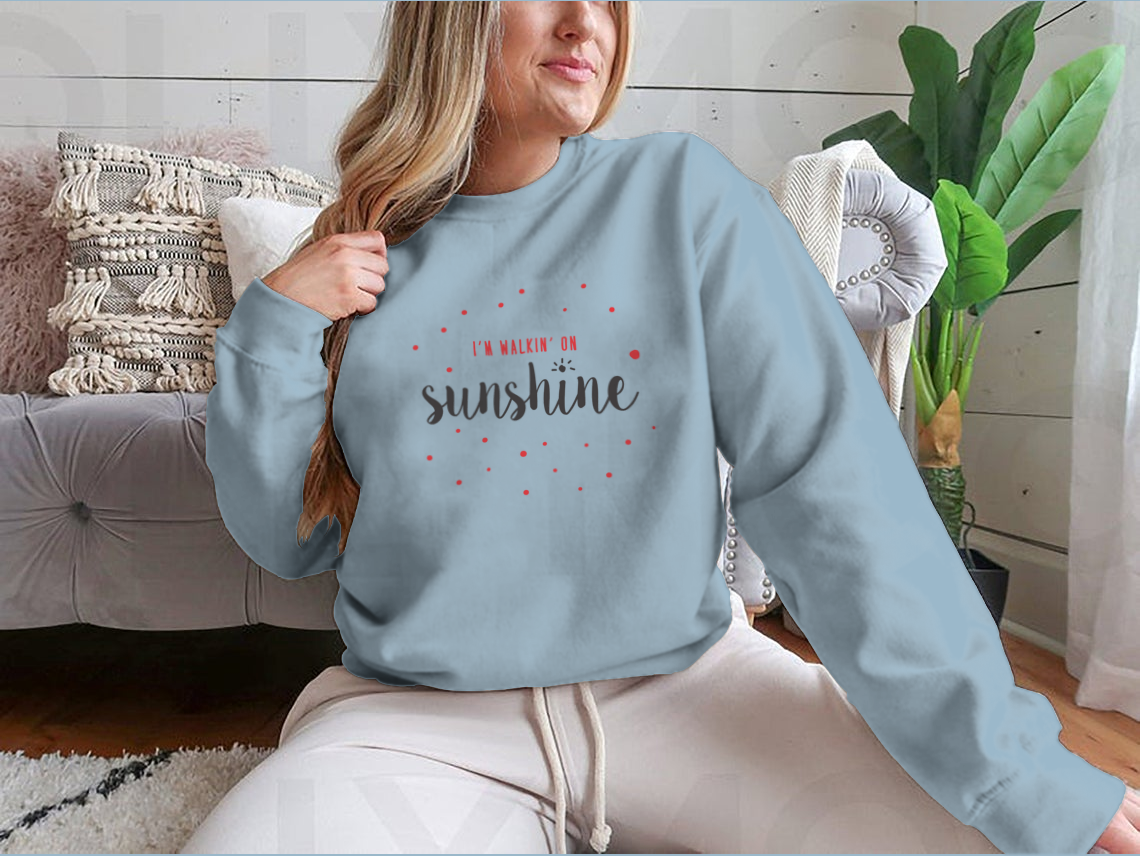 A vibrant red and black typography design featuring the phrase I'M Walking On Sunshine, showcasing a stylish and cheerful aesthetic.