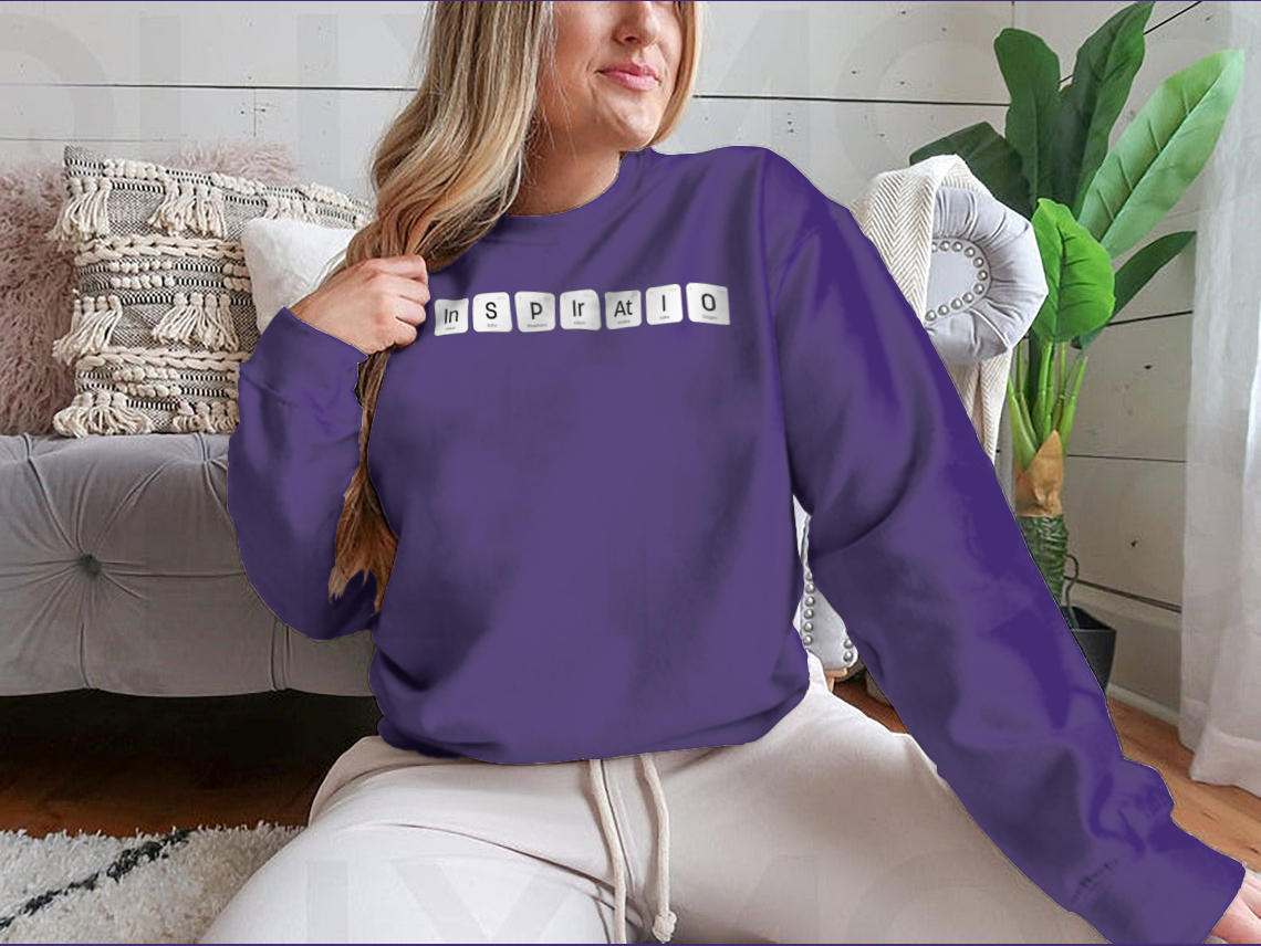 Inspiration Word Chemical Label Design featuring a classic fit, made from 100% cotton, displayed on a neutral background.