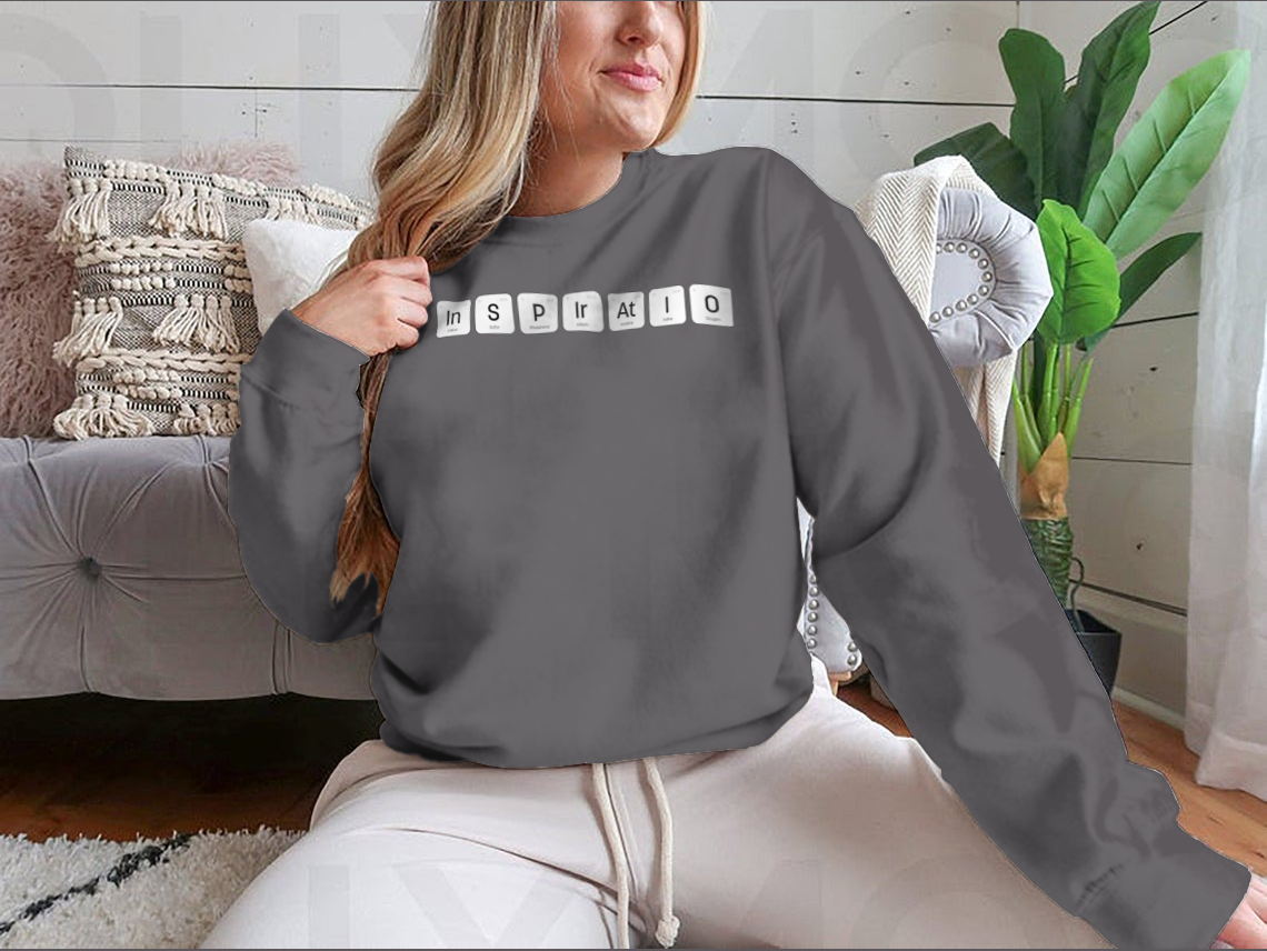 Inspiration Word Chemical Label Design featuring a classic fit, made from 100% cotton, displayed on a neutral background.