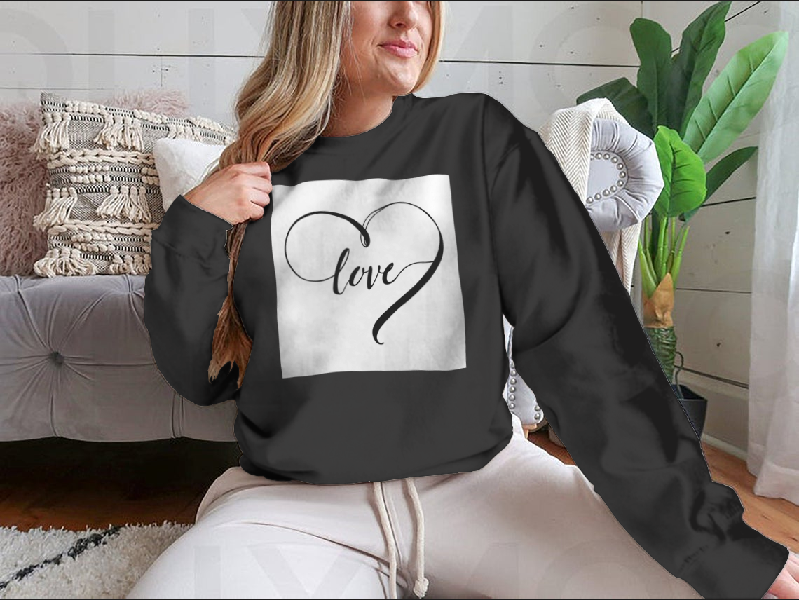 Stylish black and white design featuring the word 'Love' in a heart shape, showcasing a modern and artistic look.