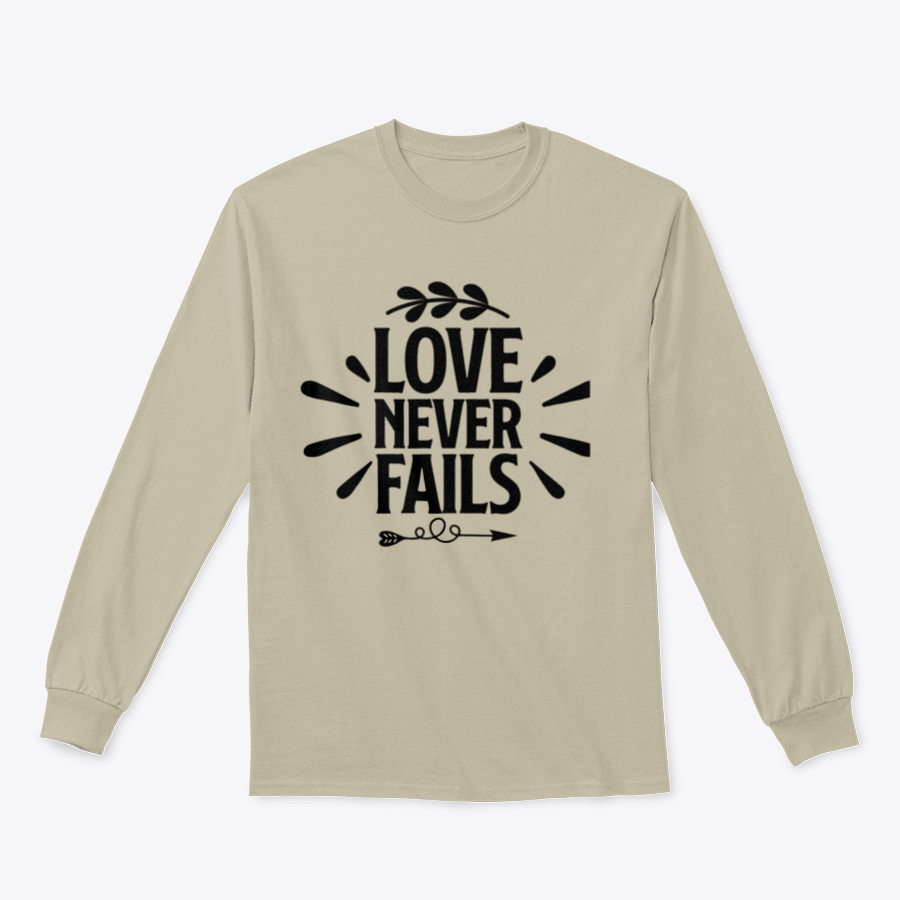 A collection of 'Love Never Fails' motivational T-shirts in various colors and sizes, showcasing their comfortable fabric and inspiring quotes.