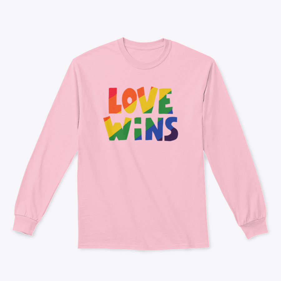 A stylish shirt featuring 'Love Wins' lettering with a vibrant rainbow design, made from soft cotton fabric.