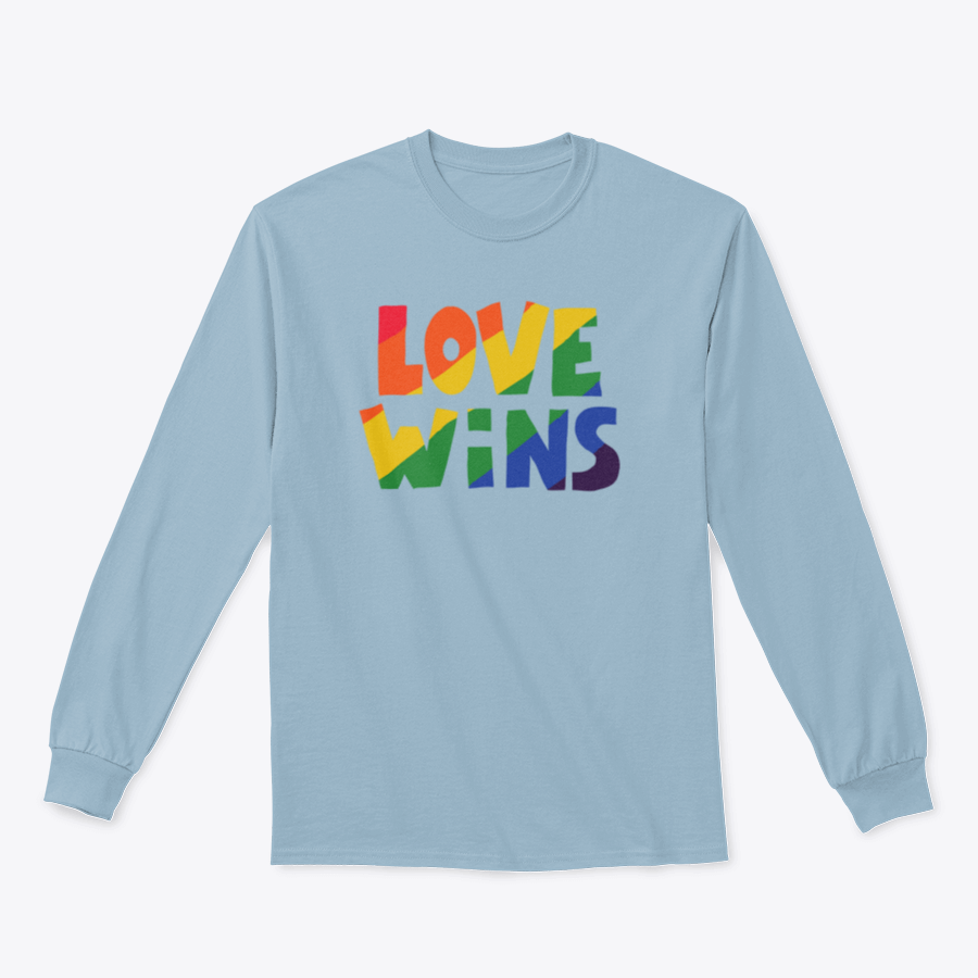 A stylish shirt featuring 'Love Wins' lettering with a vibrant rainbow design, made from soft cotton fabric.