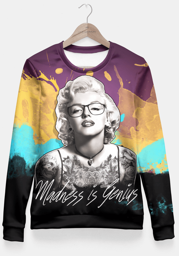 A stylish fitted waist sweater for women featuring a unique full print design, showcasing vibrant colors and patterns like galaxy, marijuana, and emojis.