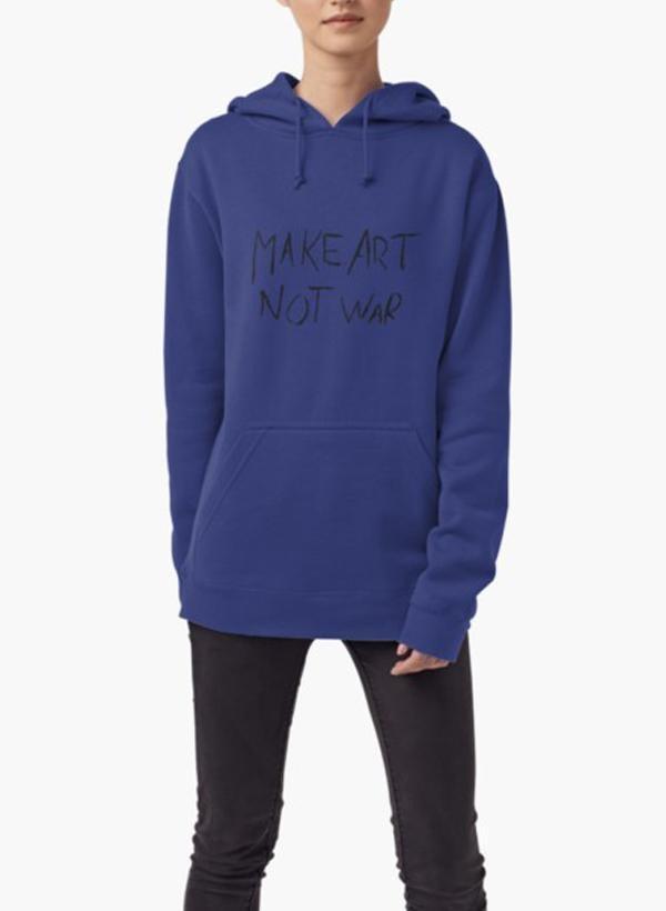 A vibrant blue hoodie featuring unique full print designs, showcasing various themes like galaxy, marijuana, and emojis, perfect for stylish comfort.